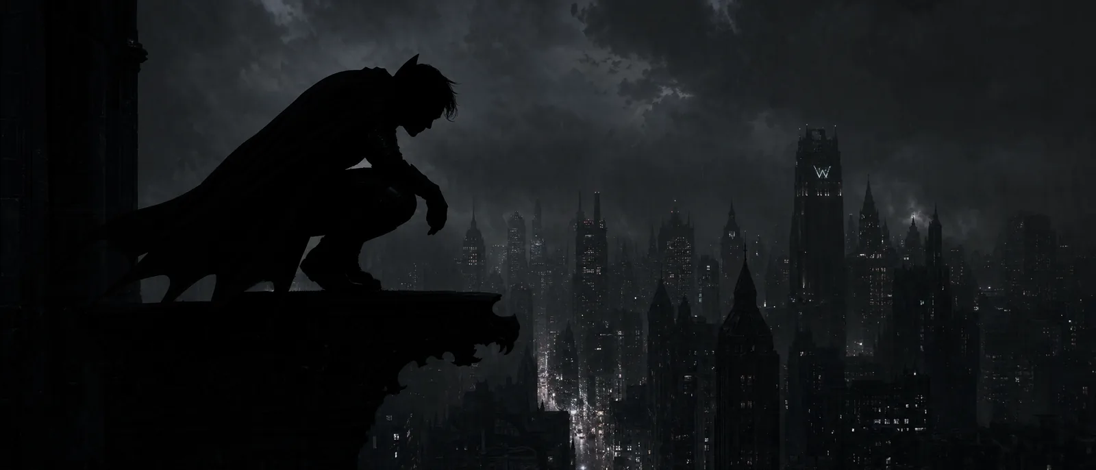 A cloaked figure crouched on a stone ledge above a dark city skyline at night, under heavy storm cloud.