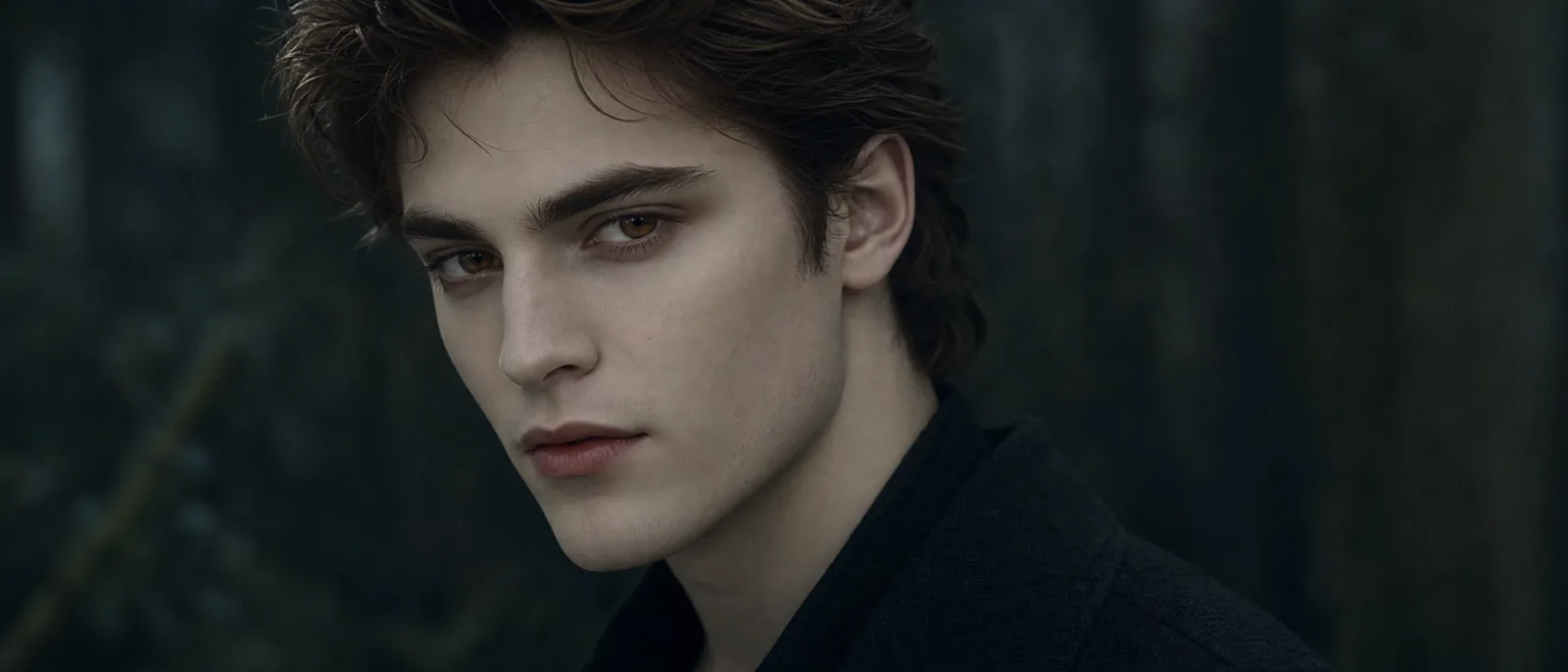 Portrait of a pale young man with amber eyes against a dark forest background.