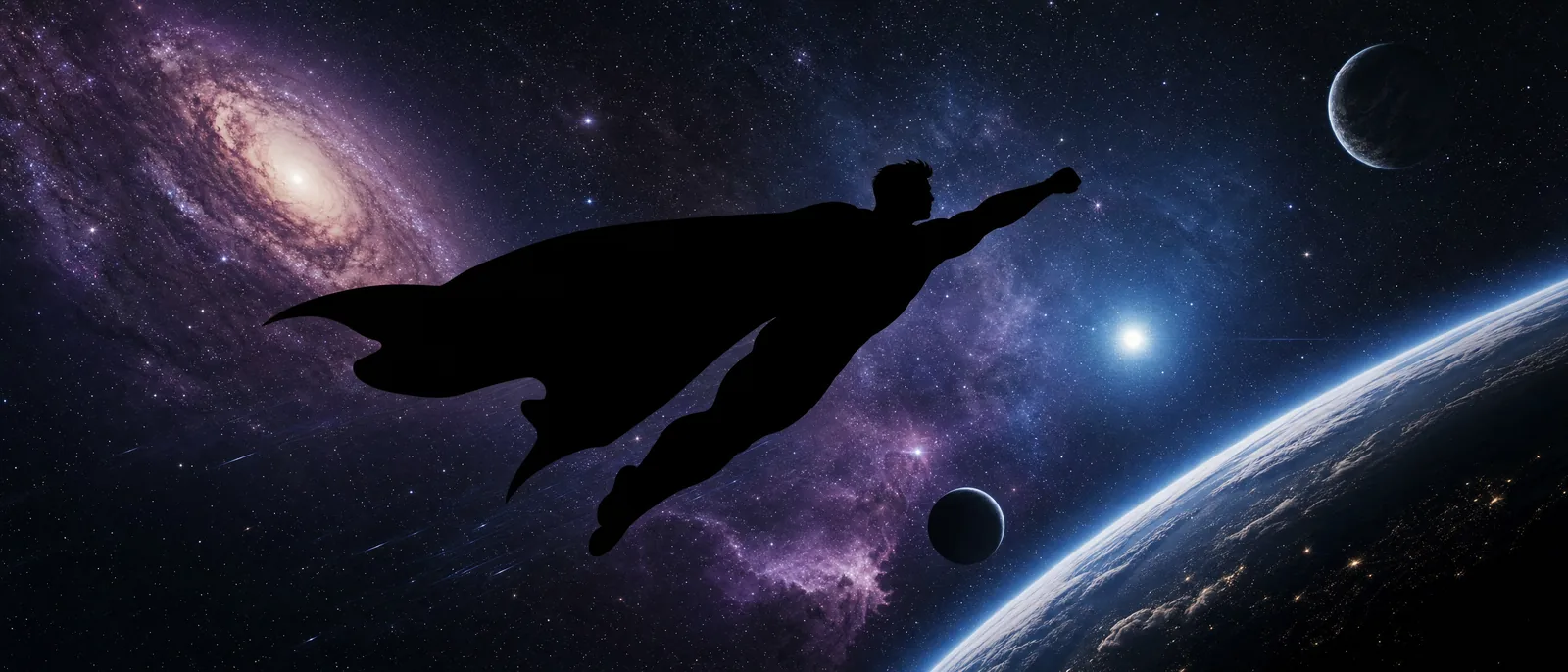 A caped figure in silhouette flying through deep space, with a spiral galaxy, planets and the curve of Earth behind.