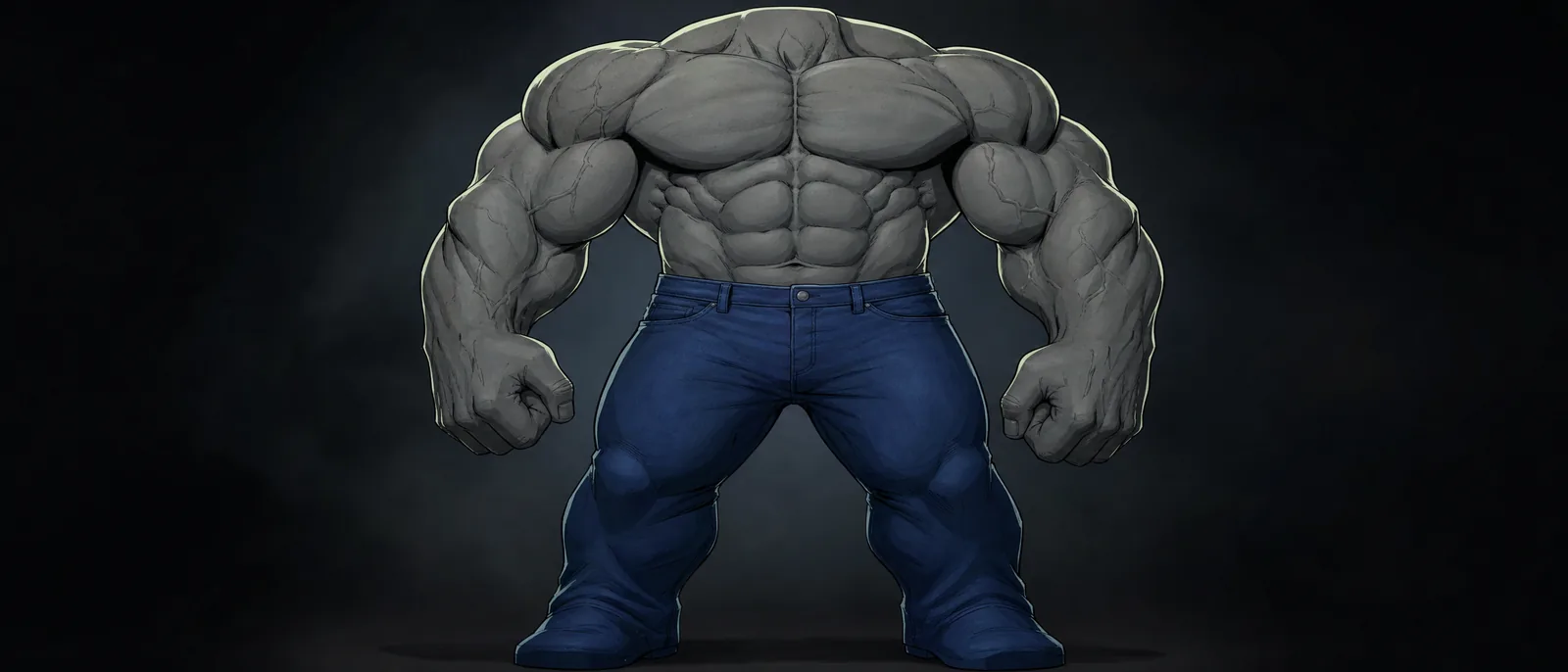 Illustration of an enormously muscled grey humanoid figure standing in jeans against a dark ground, drawn at exaggerated scale.