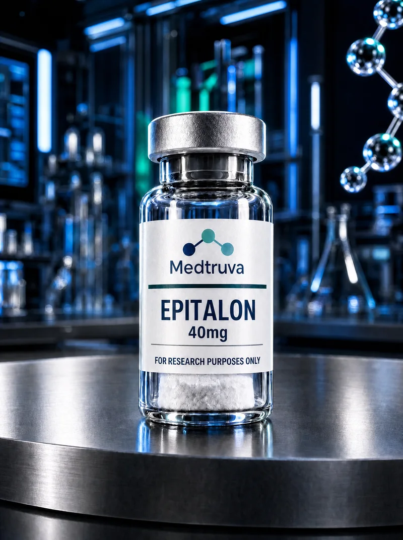 A Medtruva research peptide vial, labelled for research purposes only.