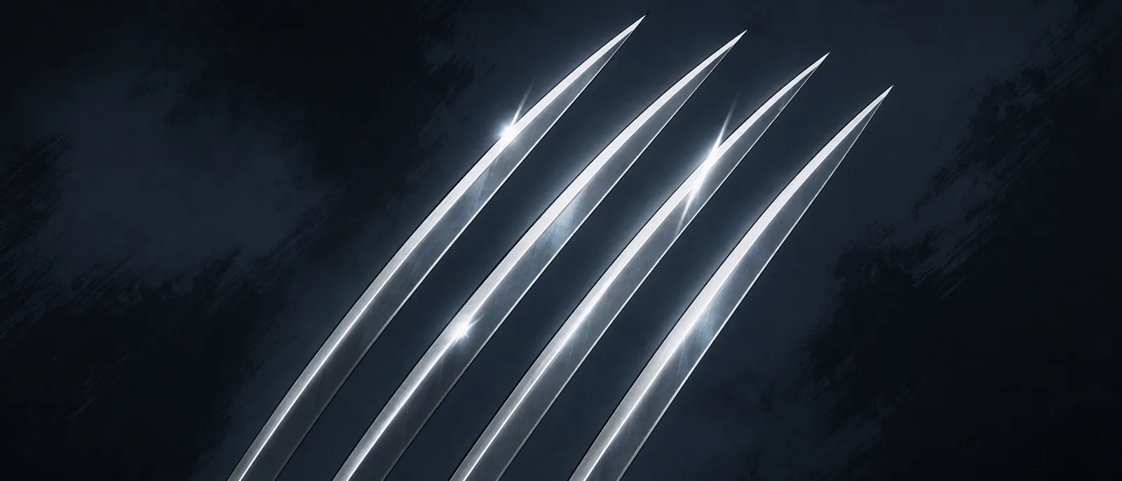 Four long curved steel blades rendered against a dark ground, catching sharp highlights along their edges.